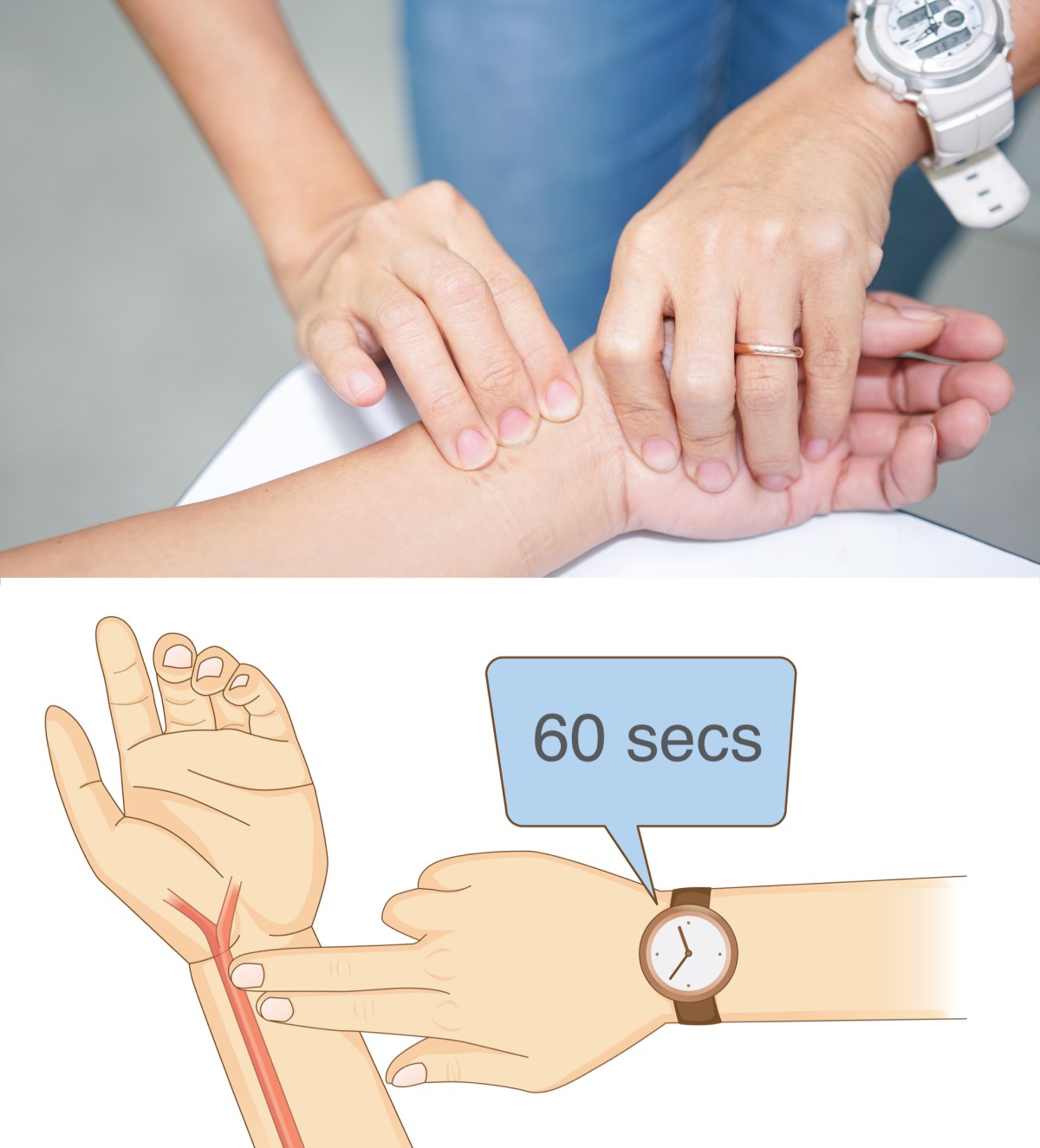 Measurement - palpation of pulse, pulse on the wrist with three fingers on the inner and thumb side of the wrist.