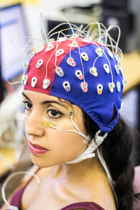EEG examination of a woman, electrodes on the head