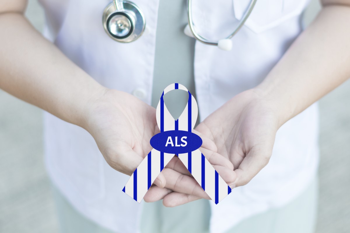 ALS inscription in a ribbon in the hands of a doctor