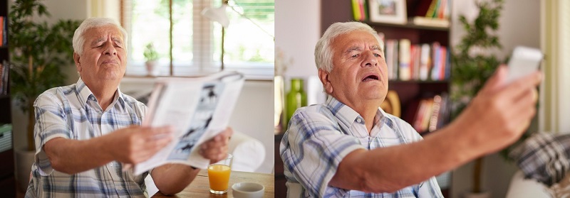 Presbyopia, an elderly gentleman has trouble reading at a close distance
