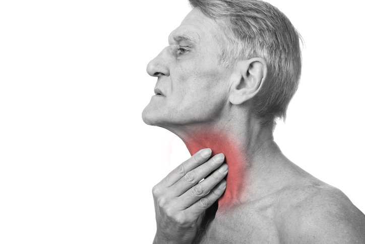 An elderly man has a sore throat, a problem with his larynx