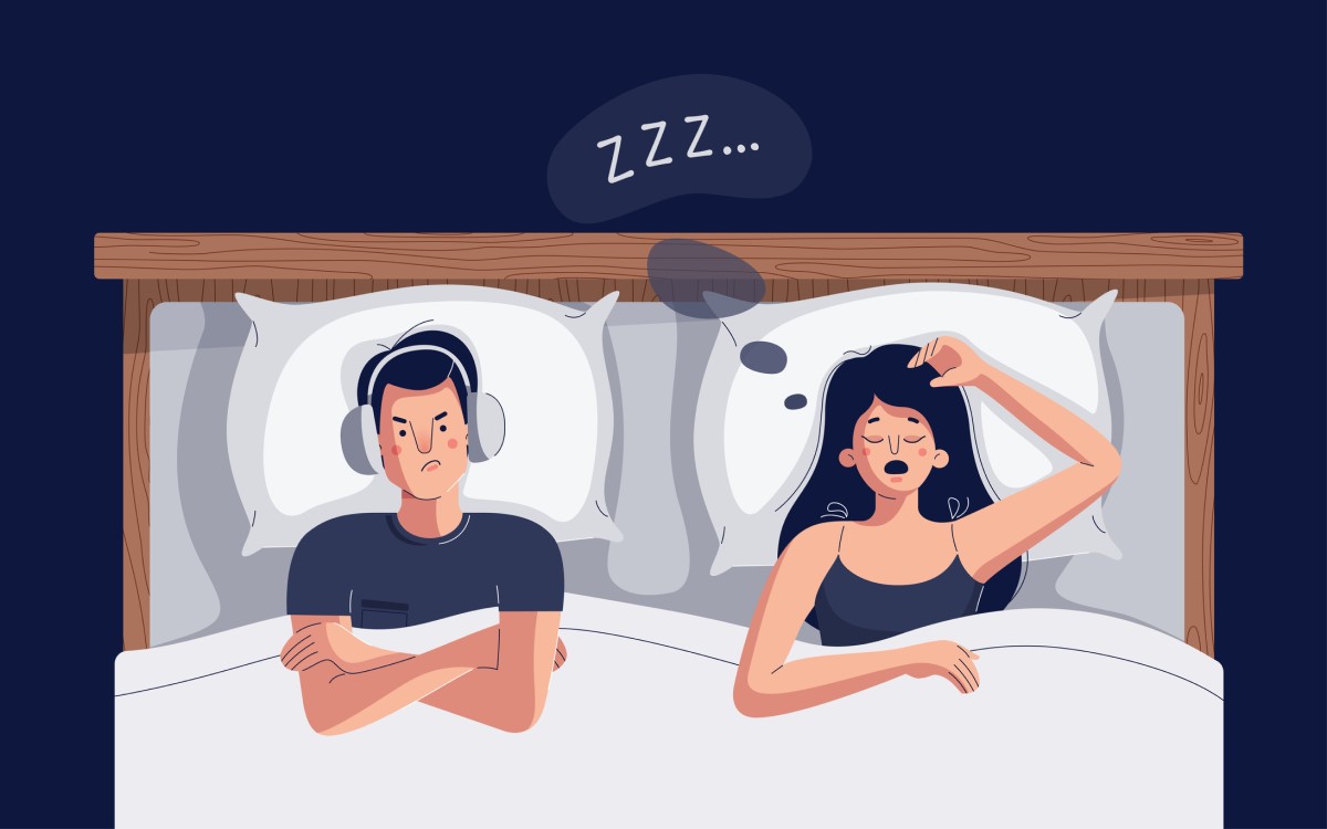 Man and woman lying on a picture and snoring. Sleep apnea and animated picture