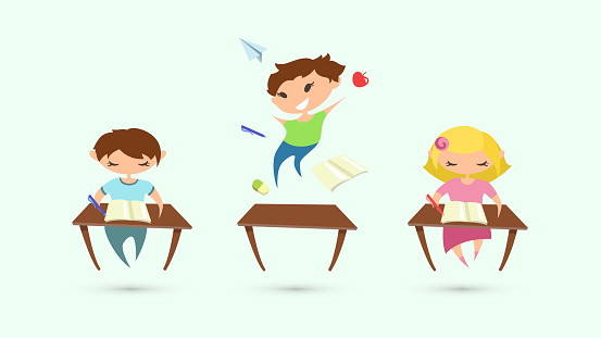 animated picture of three children in school desks, the middle child is hyperactive