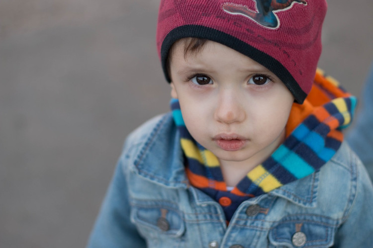 a child in a blue jacket and a red cap looking into the lens