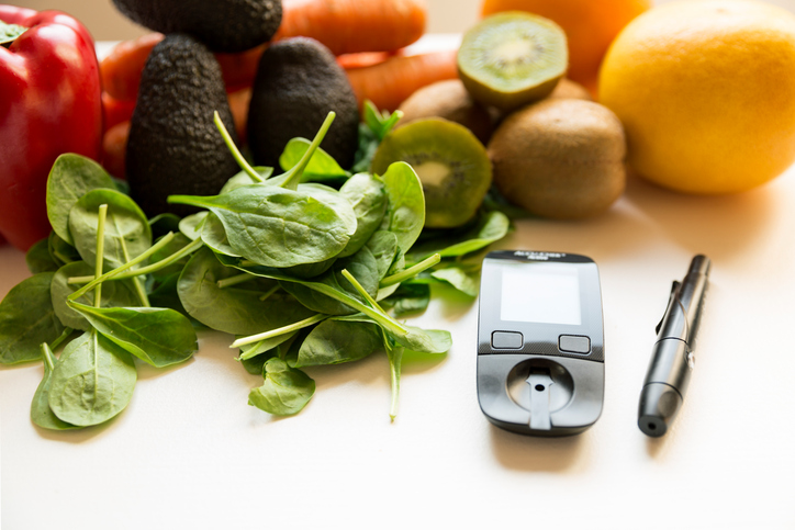 Diabetes - changing eating habits - food, vegetables, fruit, glucose meter