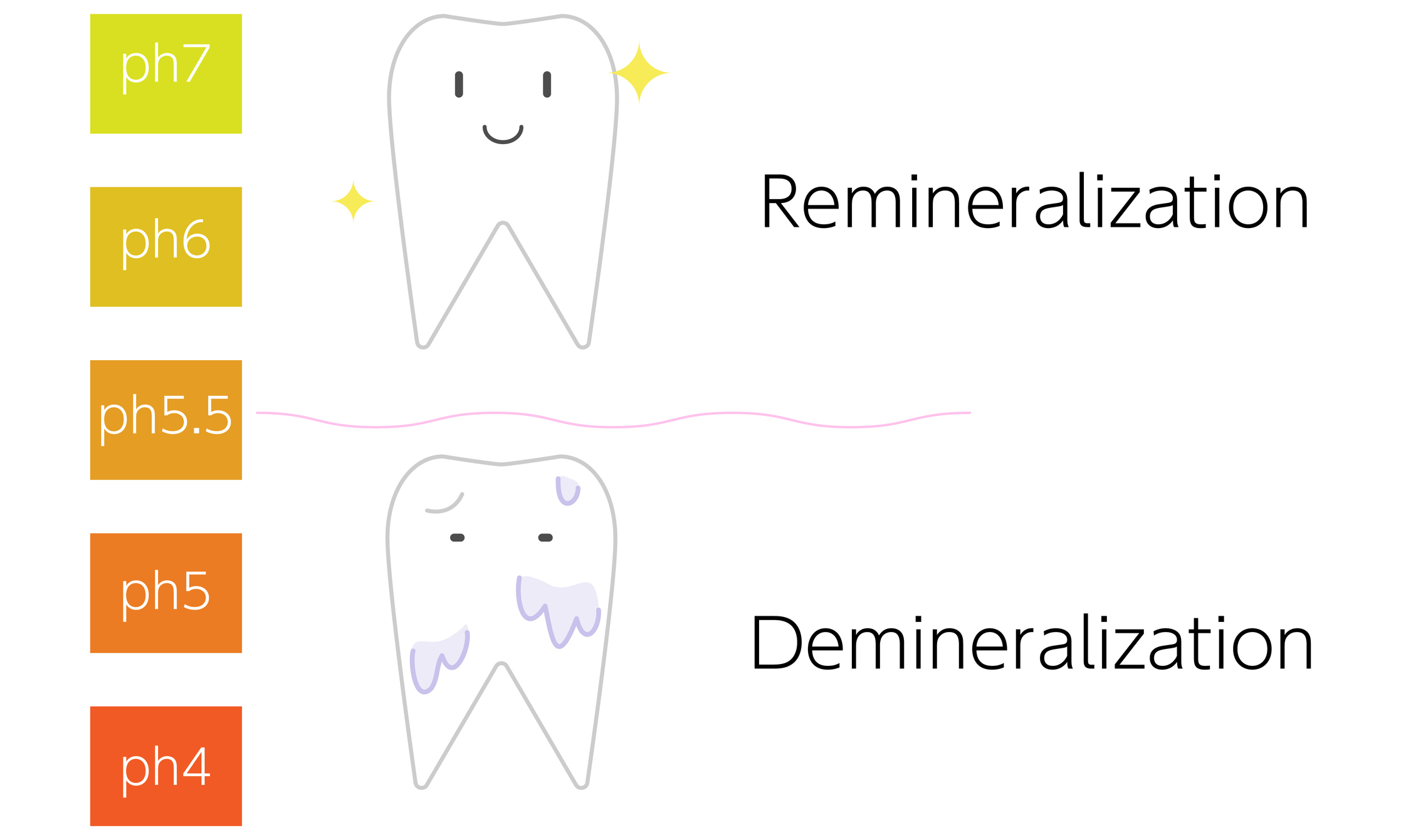 The critical pH value of saliva is considered to be 5.5. At this value, the process of demineralization of tooth enamel begins.