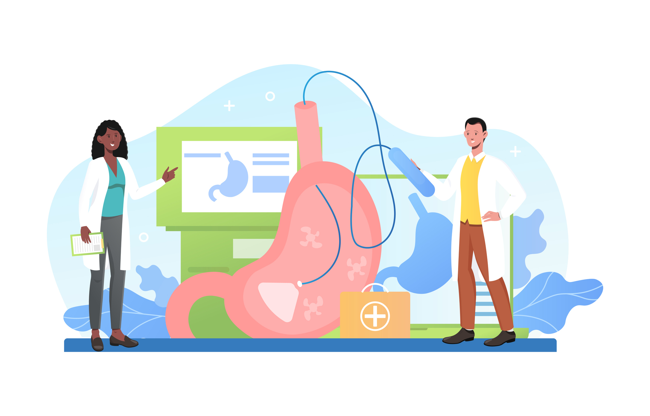 Gastroscopy as an examination method in HP, animation showing the doctor, monitor and fibroscope.