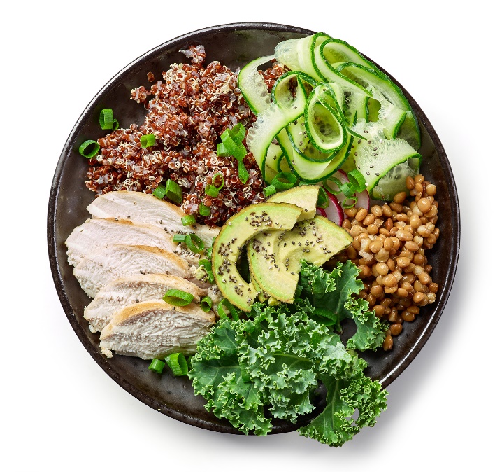 Example of a meal with higher protein (lean meat), complex carbohydrates and fibre (bulgur, vegetables) and the addition of less fat (avocado).