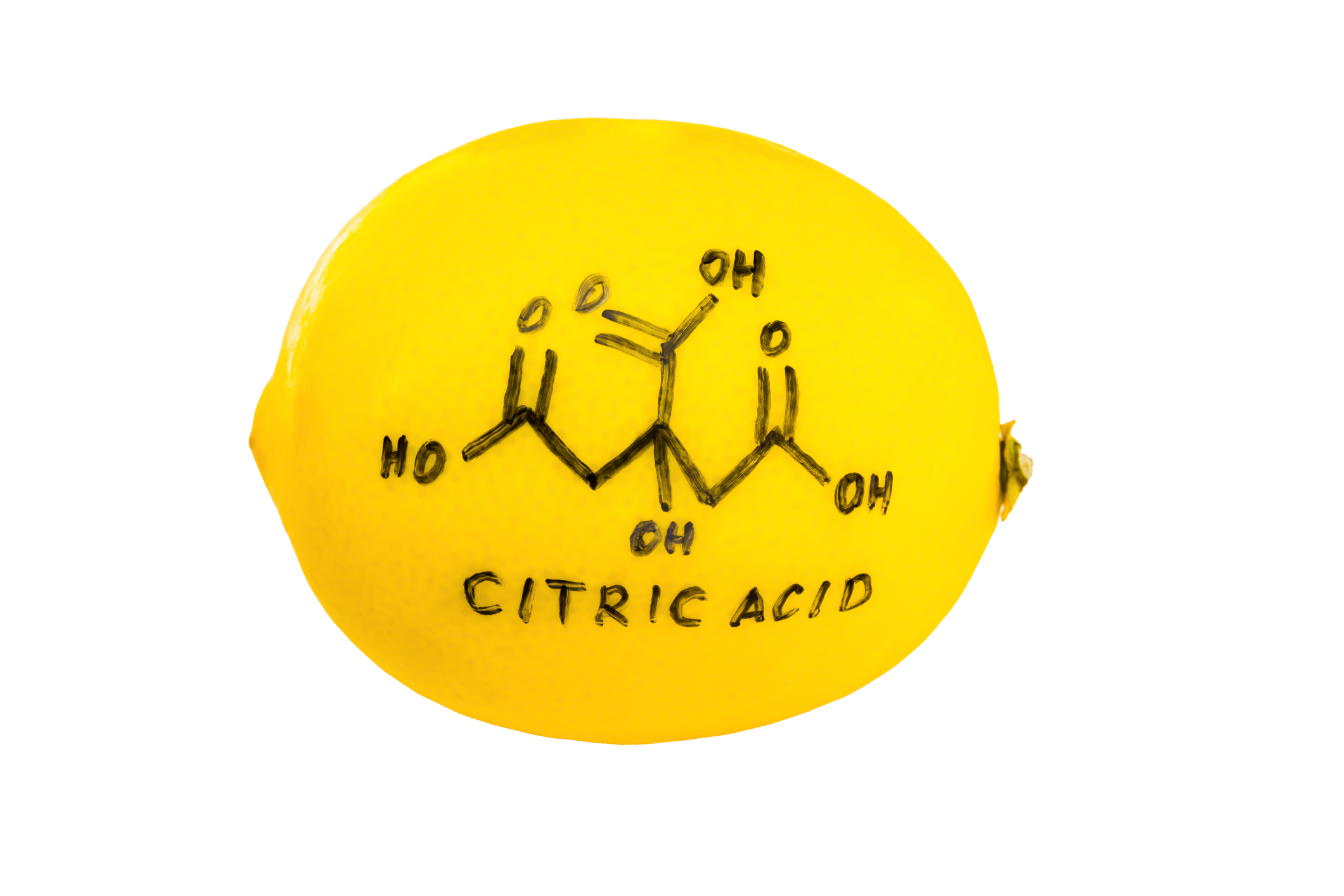 Citric acid formula written in marker on a lemon