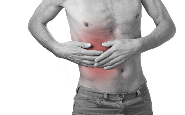 a man with abdominal pain is held under the right rib arch
