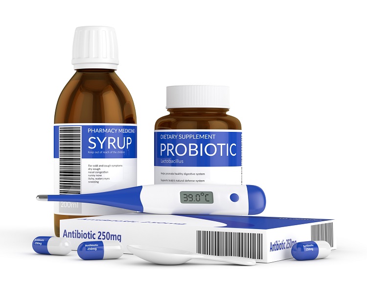 Bottle with antibiotics, probiotics, thermometer