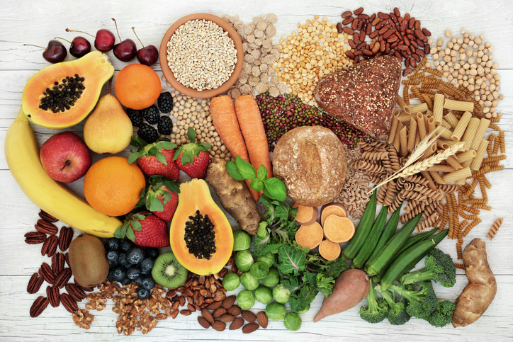 Various foods with fibre content, stored on the table
