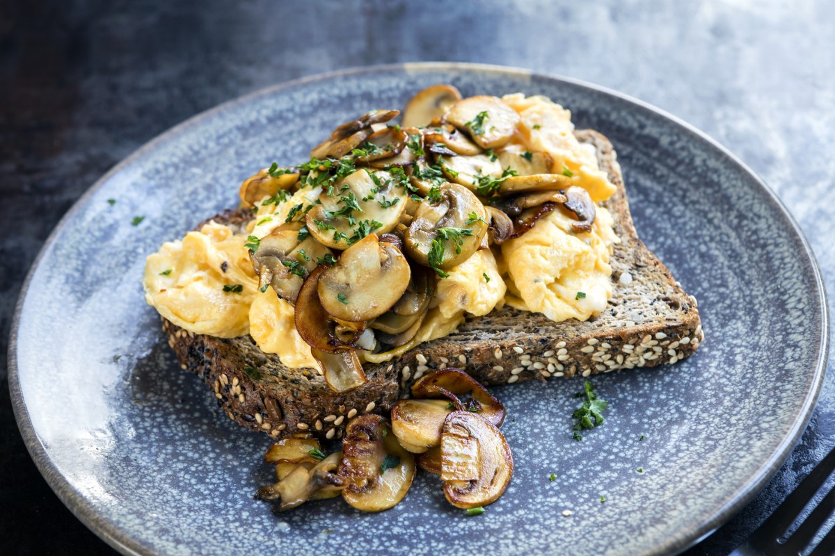 Savoury breakfast: egg omelette with roasted mushrooms and wholemeal toast