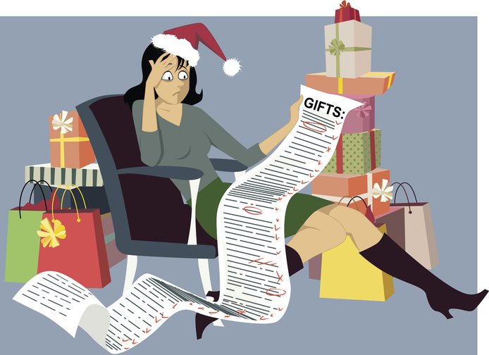 Animation shows a woman stressed about Christmas shopping
