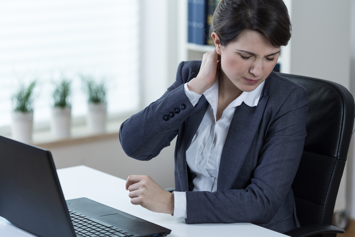 A woman has pain in the cervical spine for prolonged work at a computer and prolonged sitting