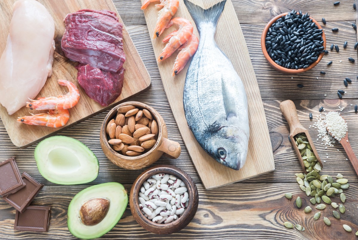 Picture with sources of zinc - foods, fish, red and white meat, shrimp, nuts, beans, avocados, seeds