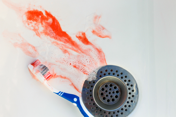 Bleeding gums, sink, blood, toothpaste, toothbrush, improper oral hygiene, improper brushing