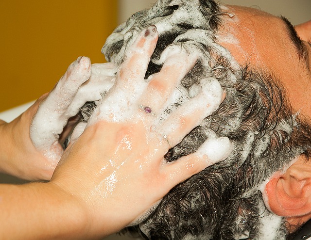 men wash their hair and have their head shampooed, hands in their hair