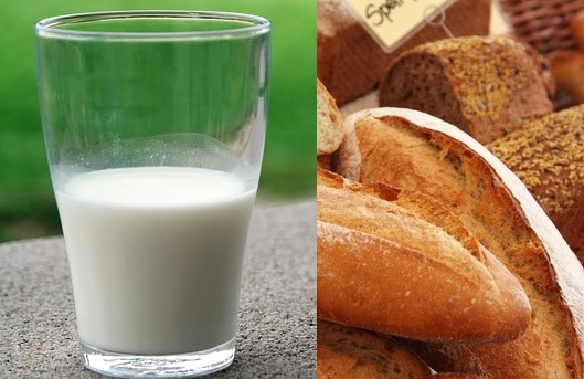 a glass of cow's milk and various pastries