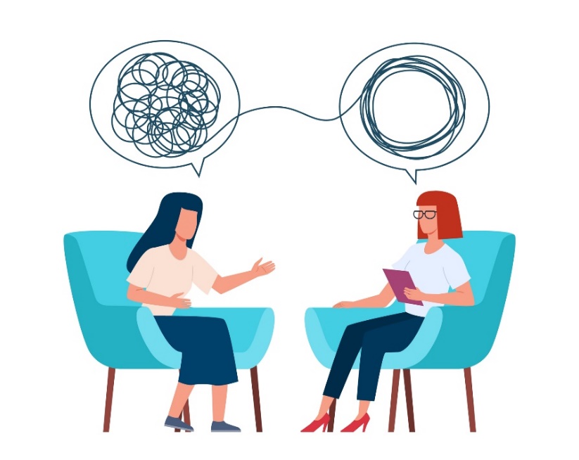 Psychotherapy and conversation with therapist. Animation of women sitting on seats