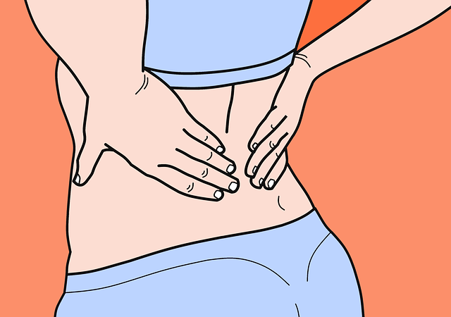 woman holding her back in the sacrum, in pain, animated picture