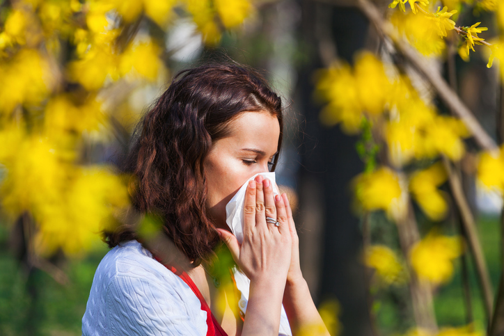 A woman blows her stuffy nose for hay fever, a pollen allergy